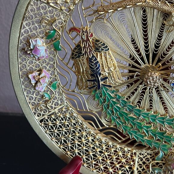 Chinese gold filigree enamel 3D dragon Phoenix decorative plate - Picture 3 of 14